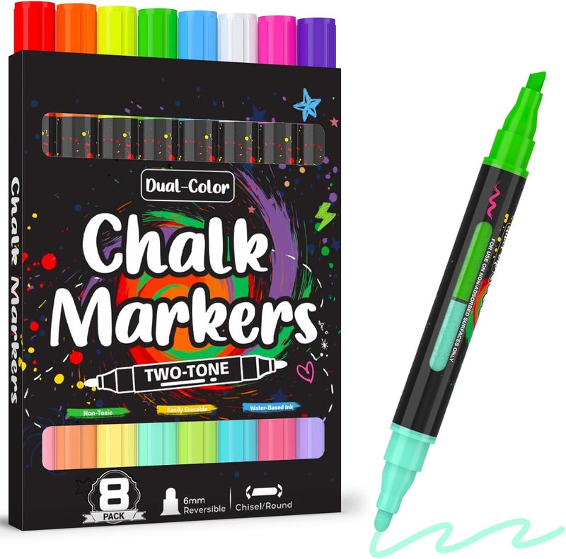 AKARUED Chalk Markers for Blackboard: 16 Colors 8 Pack Dual Tip Liquid Chalk Markers for Chalkboard, Calendar Menu Board Erasable Chalk Pens for Glass, Mirrors, Wedding Sign, Car Windows Decorations - Image 1